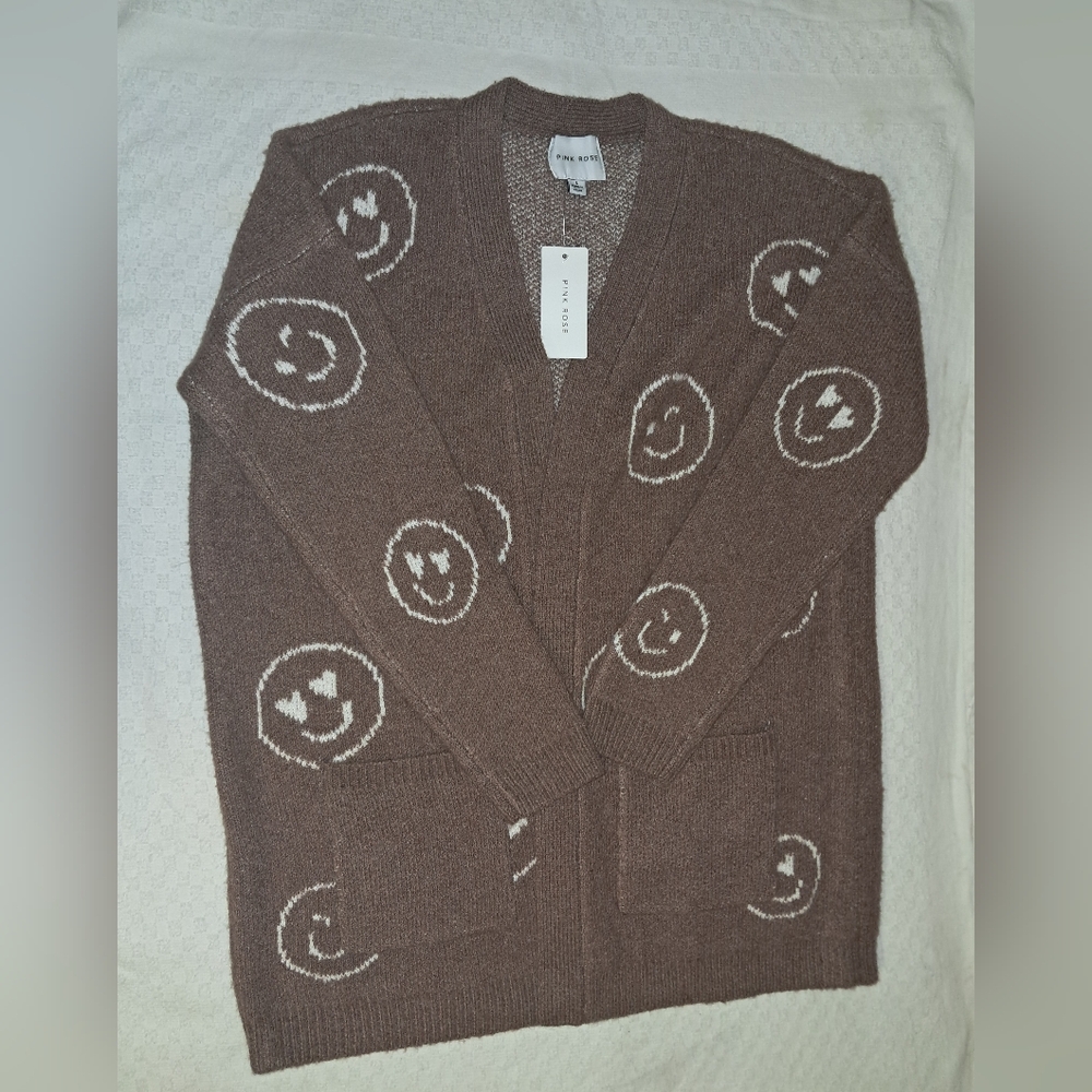 Womens Large Pink Rose cardigan(brown)